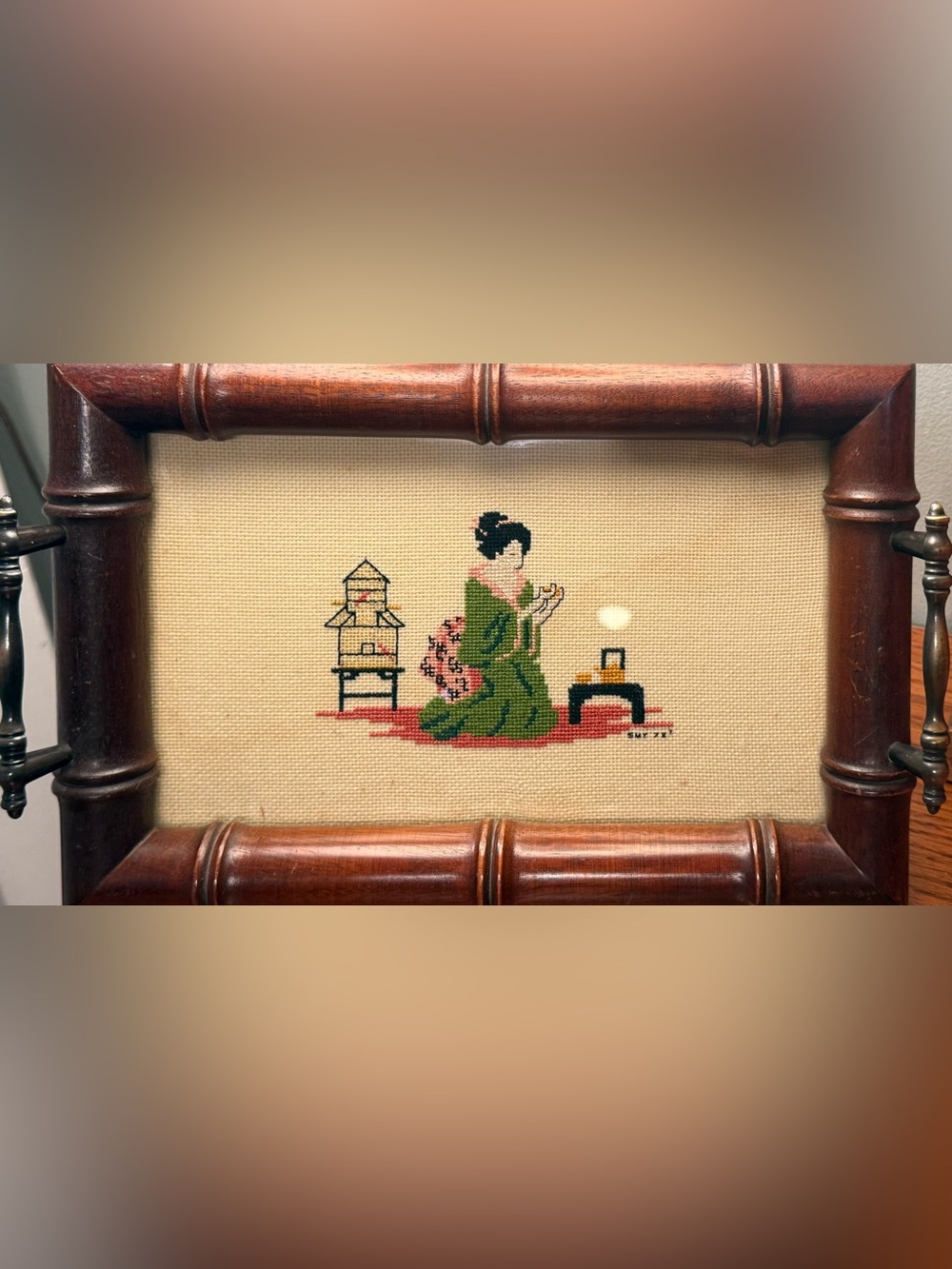 Vintage Needlepoint Geisha Art in Green and Pink